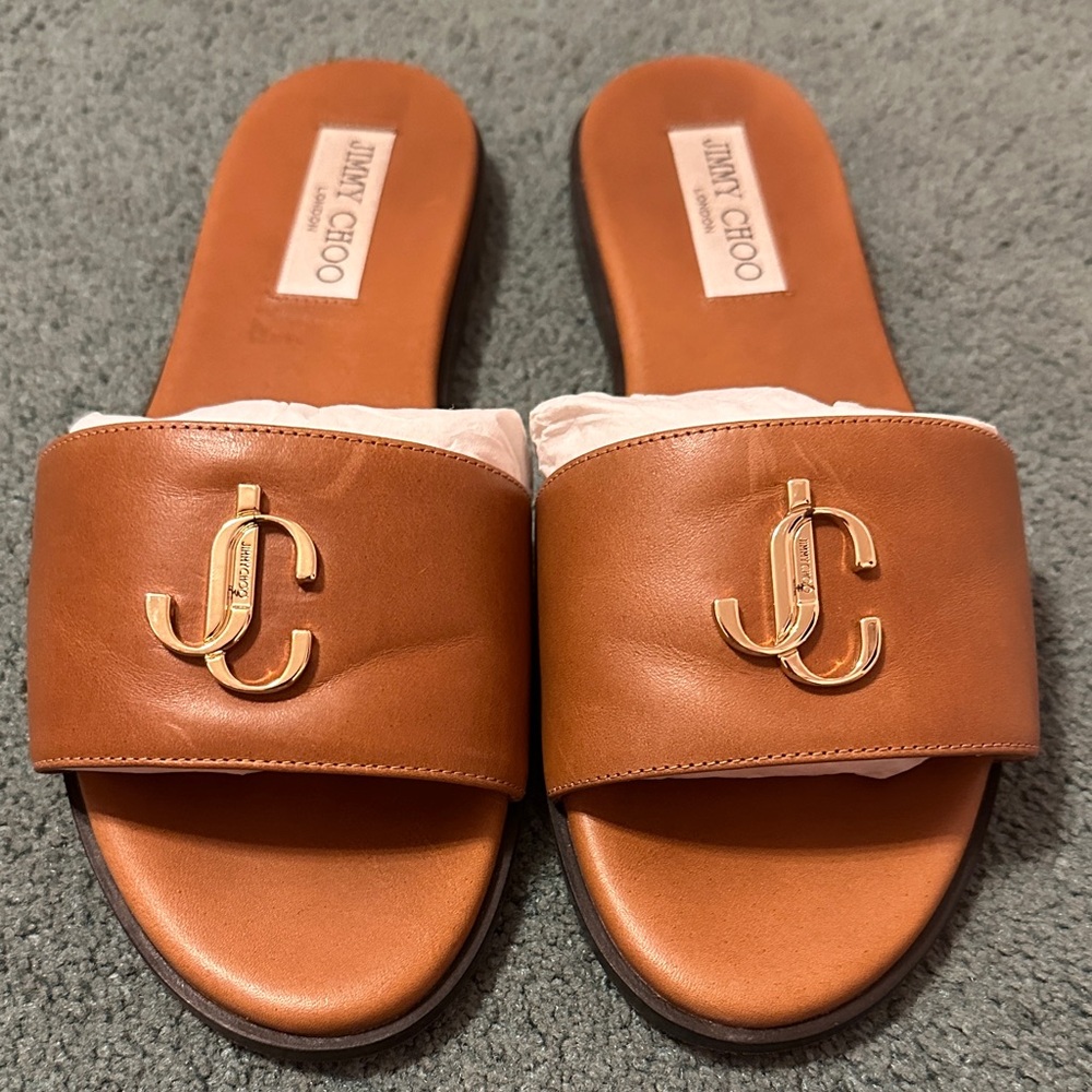 Jimmy Choo Brown Slide Sandals with Gold Logo
